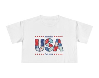 Koszulka z flagą USA w patchworku | Krótki top, patriotyczna koszulka z okazji 4 lipca