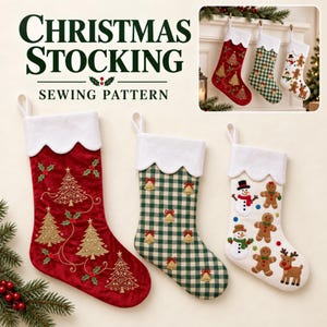 May include: Three Christmas stockings with white scalloped cuffs and hanging loops. The left is red with gold embroidered trees and holly. The center is green and white gingham with gold bells. The right is white with snowman, gingerbread, and reindeer.