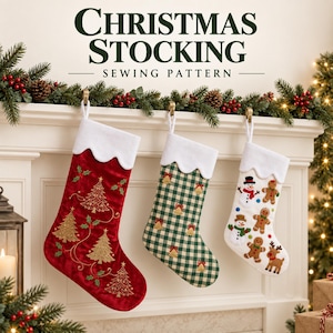 May include: Three Christmas stockings with white scalloped cuffs. The left is red velvet with gold embroidered trees and holly. The centre has a green and white gingham pattern with gold bells. The right is white with gingerbread men and snowmen.