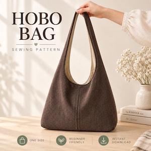 Könnte beinhalten: Eine dunkelbraune Cord-Hobo-Tasche mit hellem Innenfutter und einem einzelnen Schulterriemen. Das Bild enthält den Text HOBO BAG SEWING PATTERN, ONE SIZE, BEGINNER FRIENDLY und INSTANT DOWNLOAD sowie kleine Symbole.