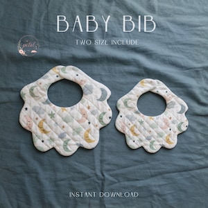 May include: Two quilted baby bibs with a scalloped edge, featuring a repeating pattern of smiling crescent moons, clouds, and stars in soft pastel colours. The text BABY BIB, TWO SIZE INCLUDE, and INSTANT DOWNLOAD is visible on the image.