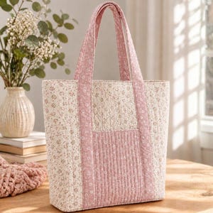 Puede incluir: Un bolso tote acolchado de tela color crema con un pequeño estampado floral y un panel central rosa empolvado con costuras verticales. El bolso tiene dos asas a juego con estampado floral rosa y el texto STEP BY STEP GUIDE BEGINNER FRIENDLY.