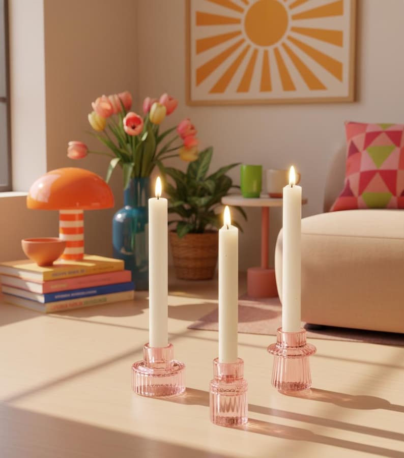 Pink taper candle holders displayed in a cosy sunlit living room with abstract wall art and Scandinavian boho decor styling.