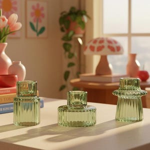 Minimalist green glass candle holders displayed beside tulips and colourful ceramic decor in a bright eclectic living room setting.