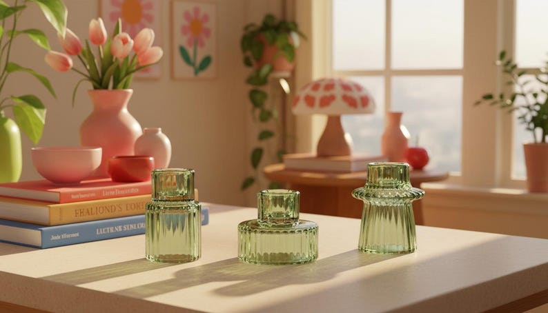 Minimalist green glass candle holders displayed beside tulips and colourful ceramic decor in a bright eclectic living room setting.