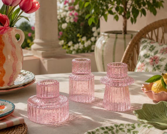 Boho Ribbed Glass Candle Holders -  Double head, 3PCS