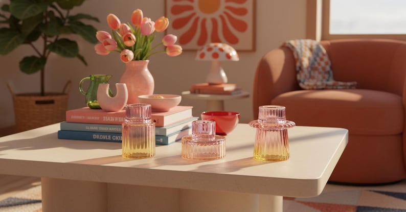 Colourful retro-inspired candle holders styled on a warm dopamine decor coffee table with playful ceramics and modern home decor accents.
