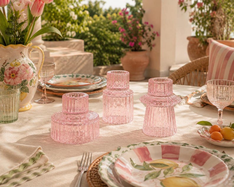 Pastel pink glass candle holders arranged as centrepieces on a cream linen outdoor dining table with colourful plates and dopamine decor styling.