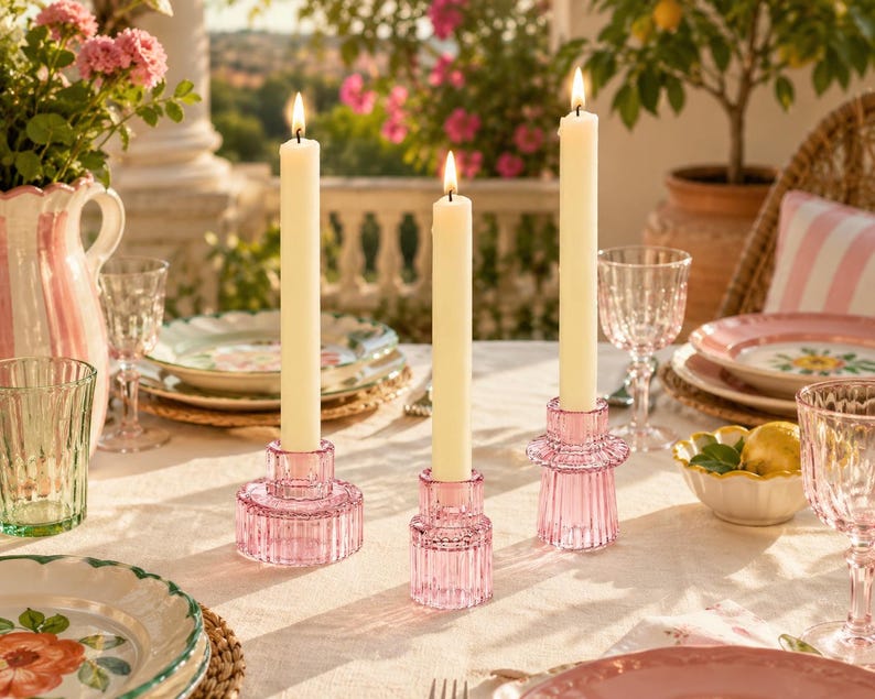 Pink double head candle holders with white taper candles on a sunlit outdoor terrace tablescape with floral tableware and soft greenery.