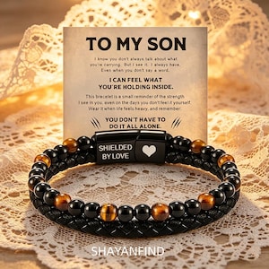 To My Son Tiger Eye Leather Bracelet, Custom Engraved Magnetic Clasp Men's Gift