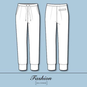 May include: A technical flat sketch of white sweatpants showing front and back views. The front features an elastic waistband with a drawstring and side pockets. The back includes a single welt pocket. The text Fashion DELIVERED is at the bottom.