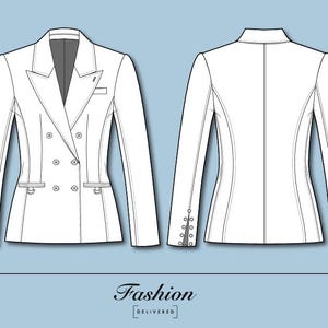 Peut inclure: Un blazer blanc à double boutonnage avec un revers cranté, quatre boutons sur le devant, deux poches à rabat avec de petits anneaux métalliques et des manches longues à poignets boutonnés. Le dos montre des coutures verticales. Texte Fashion DELIVERED.