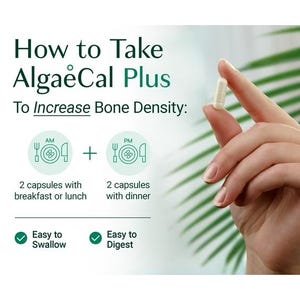 May include: An informational graphic titled How to Take AlgaeCal Plus To Increase Bone Density. It shows a white capsule held between fingers, with instructions for 2 capsules with breakfast or lunch and 2 capsules with dinner. Includes text Easy to Swallow and Easy to Digest.