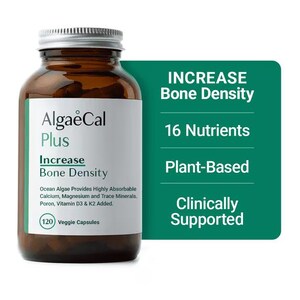 May include: A brown glass bottle of AlgaeCal Plus supplements with a silver cap. The white label reads Increase Bone Density, 120 Veggie Capsules, and lists ingredients. A green side panel states Increase Bone Density, 16 Nutrients, Plant-Based, Clinically Supported.