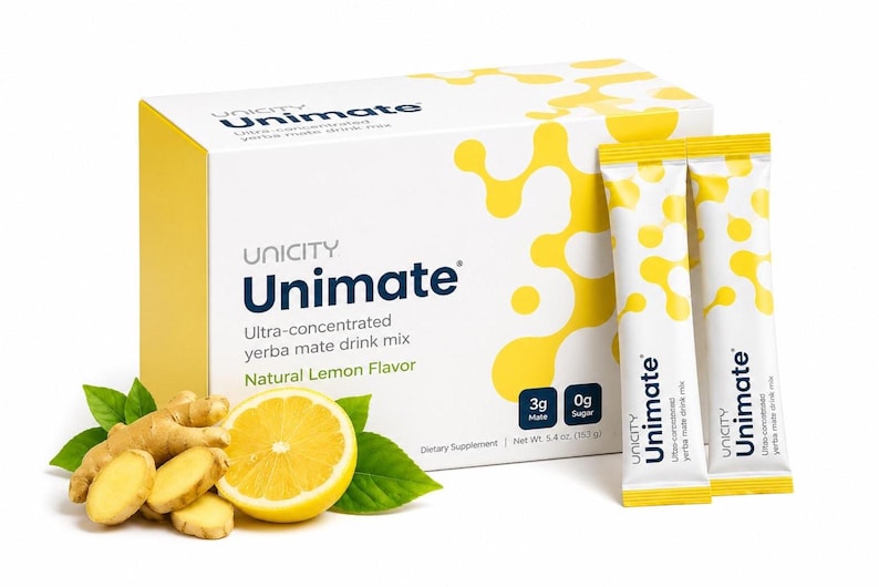 May include: A white and yellow box of Unimate ultra-concentrated yerba mate drink mix with natural lemon flavor, net weight 5.4 oz, alongside two matching single-serve packets, a sliced lemon, and fresh ginger root on a white background.