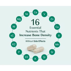 May include: Two beige capsules positioned in the center of a circular diagram featuring 16 green circles, each containing a chemical symbol. The text reads 16 Essential Nutrients That Increase Bone Density Without Side Effects in dark green.