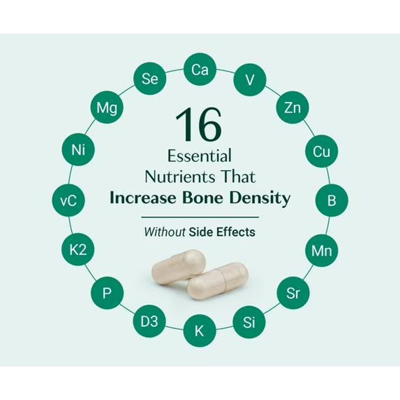 May include: Two beige capsules positioned in the center of a circular diagram featuring 16 green circles, each containing a chemical symbol. The text reads 16 Essential Nutrients That Increase Bone Density Without Side Effects in dark green.