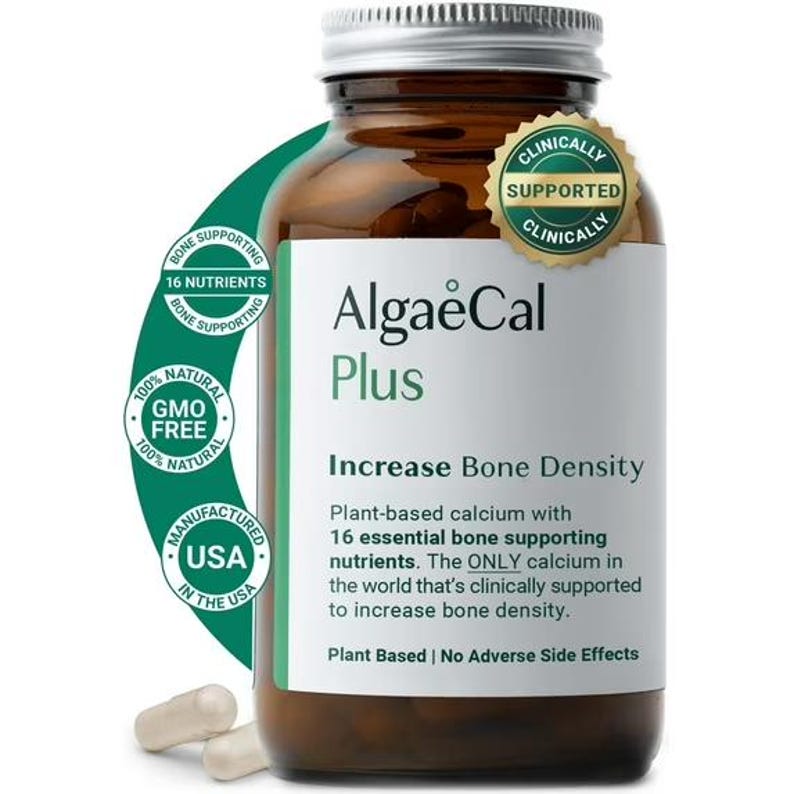 May include: A brown glass bottle of AlgaeCal Plus supplements with a silver cap. The white label features green text stating Increase Bone Density, Plant-based calcium with 16 essential bone supporting nutrients, and Plant Based | No Adverse Side Effects.