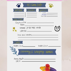 Può includere: Un foglio informativo stampabile per dog sitter con sezioni per i dettagli dell'animale, le istruzioni per la cura e i contatti di emergenza. Include un colorato topolino giocattolo con coda di piume e impronte di zampe.