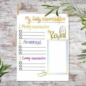 May include: A white daily chore chart titled My Daily Responsibilities in gold text. It features sections for Morning Responsibilities, Afternoon Reset, and Evening Responsibilities with star checkboxes, plus a Reward box with a gold star graphic.