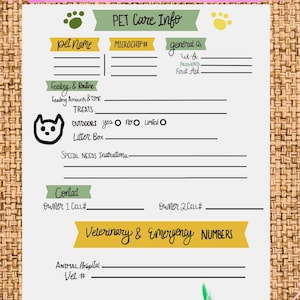 Può includere: Un foglio informativo stampabile per dog sitter con sezioni per informazioni sulla cura degli animali domestici, routine di alimentazione e contatti di emergenza. Include un'icona di gatto e campi di testo. Giocattolo di piume colorate.