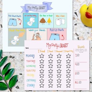 May include: Two potty training charts featuring colorful illustrations and text. One chart shows steps like Pull down Pants and Wash your Hands. The other chart lists days of the week with columns for stars to track progress and a rewards section.