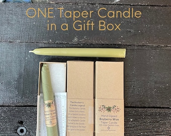 New- One (Single) 8”  Bayberry Wax Taper Candle in a GIft Box*