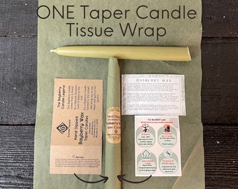 New- One (Single) 8”  Bayberry Wax Taper Candle Tissue Wrapped with Legend inside