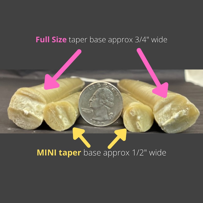 May include: Close-up of two sets of wax sticks, one set labelled "Full Size taper base approx 3/4" wide" and the other set labelled "MINI taper base approx 1/2" wide". The sticks are beige and have a textured surface. A US quarter is shown for scale.
