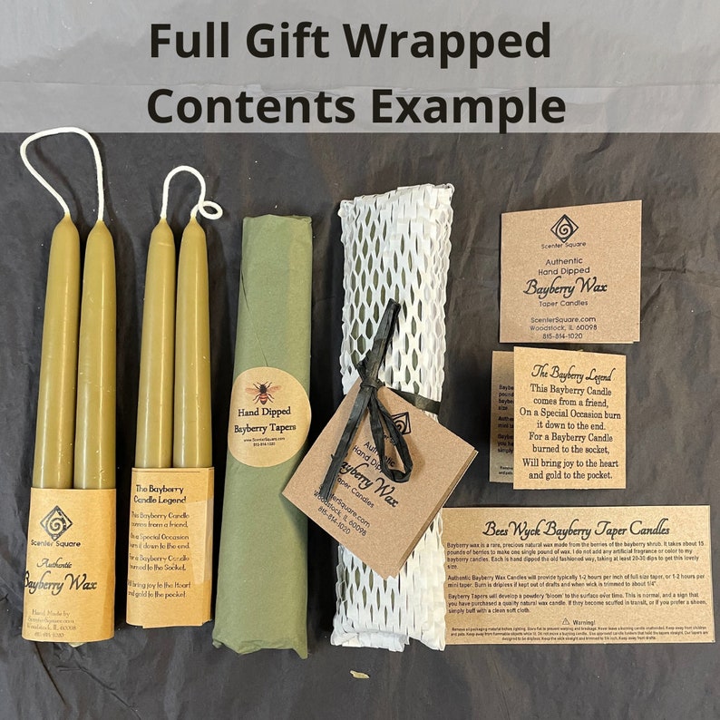 May include: A gift set of three green bayberry taper candles, a green tissue paper wrapped candle, a white mesh bag, and two brown cards with the text "Authentic Hand Dipped Bayberry Wax Taper Candles" and "The Bayberry Legend".