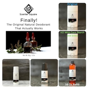 May include: Image featuring natural deodorant products from Scenter Square. The image includes a stick deodorant, a roll-on, and a refill bottle. The text on the products reads "Finally! The Original Natural Deodorant That Actually Works" and "Patchouli".
