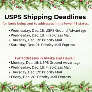 May include: USPS Shipping Deadlines for items being sent to addresses in the lower 48 states: Wednesday, Dec. 18: USPS Ground Advantage, Wednesday, Dec. 18: First-Class Mail, Thursday, Dec. 19: Priority Mail, Saturday, Dec. 21: Priority Mail Express. For addresses in Alaska and Hawaii: Monday, Dec. 16: USPS Ground Advantage, Wednesday, Dec. 18: First-Class Mail, Thursday, Dec. 19: Priority Mail, Friday, Dec. 20: Priority Mail Express.