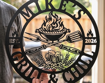 Personalized Grill & Chill Metal Sign, Custom Name BBQ Sign, Barbecue Wall Art, Outdoor Patio Decor, Father's Day Gift