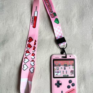 Retro Gamer Pink ID Card Holder with Lanyard – Pixel Art Game Console Badge Case