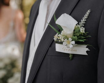 Custom Name Calla Lily Boutonniere & Wrist Corsage: Handmade Wedding Flowers