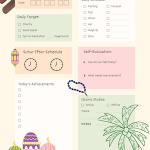 May include: A Ramadan Tracker with a cream-colored background. The design includes sections for daily schedules, targets, and self-evaluation. Decorative elements include a mosque illustration, a palm tree, and a string of prayer beads. The title "Ramadan Tracker" is at the top.
