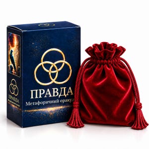 May include: A dark blue rectangular oracle card deck box featuring a gold triple-ring symbol, the Cyrillic text "ПРАВДА" and "Метафоричний оракул", and a side illustration of a raven. Beside it sits a deep red velvet drawstring pouch with tassels.