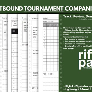 Può includere: Una pila di pagine bianche di accompagnamento al torneo con un bordo verde. Il testo include "Riftbound Tournament Companion", "Track. Review. Dominate." e "rift pad tournament edition". Le pagine sono progettate per giocatori competitivi.