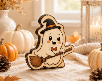 Halloween Ghost Wooden Block, Cute Ghost Riding Broom Shelf Sitter, Witch Hat Fall Decor, Spooky Pumpkin Table Sign Gift