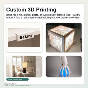 May include: A custom 3D printing service display featuring a white plastic shelf label with the text Baking, a glowing cube lithophane lamp with family photos, a lamp with a textured base, and a squid-shaped lamp with a blue glowing base.