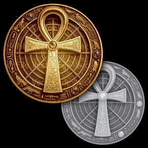 May include: A circular gold medallion and a circular silver medallion, each featuring an embossed ankh symbol at the center. The background of each medallion displays a grid pattern surrounded by a border decorated with various Egyptian hieroglyphs.
