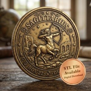 May include: A circular bronze-toned coin featuring a relief of a centaur archer, the text SAGITTARIUS, NOV 22, and DE, with a smaller circular copper-toned badge in the foreground displaying the text STL File Available Digital Download.