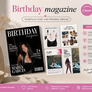 May include: A magazine template called "Birthday magazine" with a black cover featuring a woman's photo. The template includes over 50 unique pages, editable in Canva, with customisable colours, fonts, and photos. It is designed as a memorable gift.