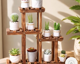 Carbonized Wood Plant Stand Multi Tier Succulent Rack Mini Desktop Plant Holder for Balcony Garden Indoor Decor
