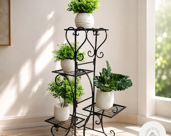 Soporte metálico de 4 niveles para plantas, estante para macetas de interior y exterior, color negro, para jardín y patio. Organizador de plantas.