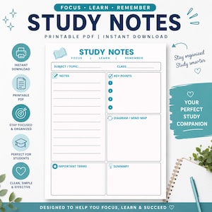 May include: A printable PDF study notes template in white, featuring the text "STUDY NOTES". It includes sections for subject, class, notes, key points, diagrams, important terms, and a summary. The design is clean and simple, ideal for students.