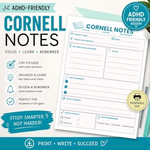 May include: A white Cornell notes template with teal text and icons. The layout includes sections for subject, date, key ideas, questions, notes, takeaways, and a summary. It features a focus check-in and review reminder, labeled as an ADHD-friendly design.