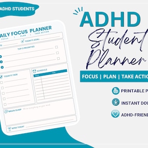 Pode incluir: Um planejador de estudante ADHD branco e azul com o texto "ADHD Student Planner" e as palavras "Focus | Plan | Take Action". O planejador inclui seções para tarefas diárias, metas e um cronograma.