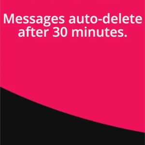 May include: A rectangular graphic with a vibrant pink upper section and a black lower section. The white text reads: Chat encrypted, leave no trace. Messages auto-delete after 30 minutes. The design features a clean, bold, and modern aesthetic.