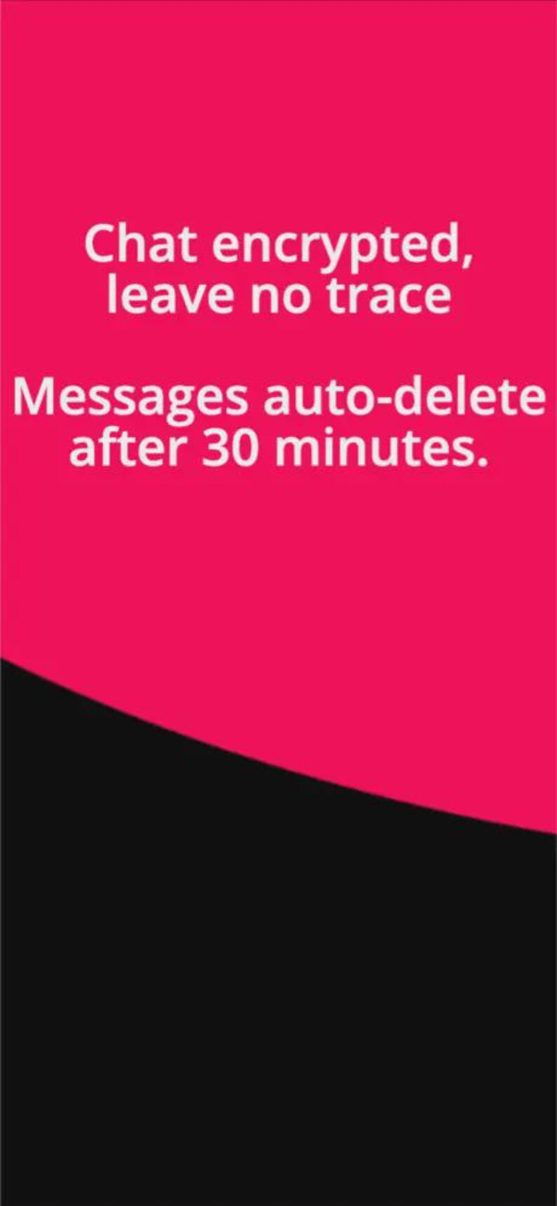 May include: A rectangular graphic with a vibrant pink upper section and a black lower section. The white text reads: Chat encrypted, leave no trace. Messages auto-delete after 30 minutes. The design features a clean, bold, and modern aesthetic.